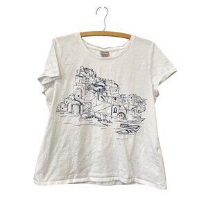 Chicos Zenergy Graphic Tee Size 12/14 Crewneck Short Sleeve Printed Villa White